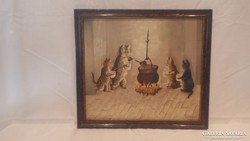 Cicák a kondérnál olaj-fa festmény , jelzett