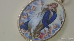 Szűz Mária porcelán medál antik, régi, arany 14 karátos keretben 