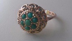 Arany, régi Magyar 14 karátos gyűrű zöld türkiz kövekkel 