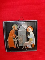 Rendkívül ritka Gádor István mázas terracotta mini plakett Betlehem a Szent család 7,5 X 7,5 cm