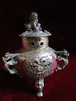 Very old Chinese china marked incense pink ceramic silver plated metal lion frog