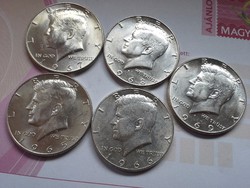 1965,66,67,68,69 USA ezüst fél dollár sor,gyönyörű+11,5 gramm 0,400