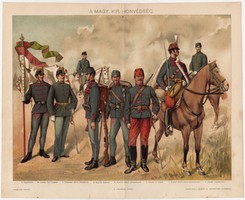 A magyar királyi honvédség 1894, honvéd, huszár, színes nyomat, tiszt, altiszt, zászlótartó