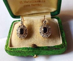 Antik arany gyémántos margaréta fülbevaló zafírokkal, patent zárral 14Kt