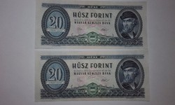 20 Forint 2 db sorszámkövető,1975-ös UNC hibátlan bankjegy !