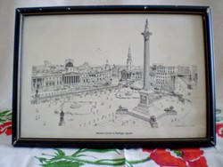 KIÁRUSÍTÁS!!! Keretezett, szignózott grafika, kép: Trafalgar tér Nelson 