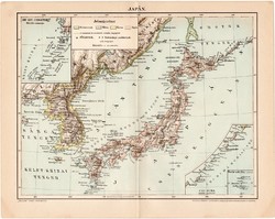 Japán térkép 1896, antik, eredeti, Pallas, Ázsia, sziget, Hokkaido