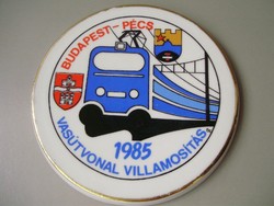 Ritka retro Zsolnay porcelán vasútas plakett "Budapest-Pécs Vasútvonal Villamosítás" 1985.