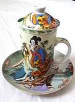 Gyönyörű Kínai motívumos teás bögre fedővel szűrővel és tálka