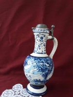1792 Különleges ón fedeles jelenetes Ulmer keramik kancsó 0,7 dl