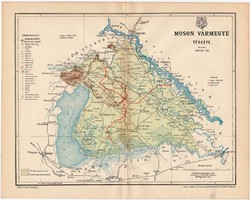Moson vármegye térkép 1897, antik, eredeti, megye, Magyarország, régi
