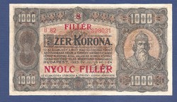 1000 korona 8 fillér felülbélyegzés 1923 Bomba jó áron!!!