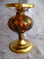 Réz petróleumlámpa Tiffany stílusú borostyán színű üveg petróleum tárolóval