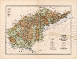 Zala megye térkép 1885, Magyarország, vármegye, atlasz, Kogutowicz Manó, 43 x 56 cm, eredeti