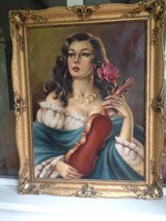 Cigány lány hegedűvel - Antik szalonkép