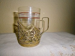Filigrán antik ezüstözött pohártartó  eredeti pohárral 