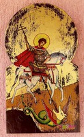 Sárkányölő szent György, körboltíves dúsan aranyozott ikon, szignatúrával, rusztikus dekoráció