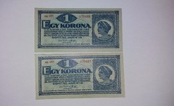 Egy  korona 1920 -as,aa 001-es!! sorszámkövető hajtatlan  UNC  bankjegy!