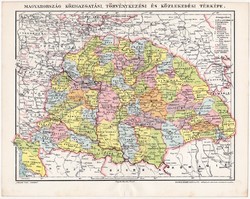 Magyarország közigazgatási térkép 1897, eredeti, antik, közlekedés, törvénykezés, Homolka József