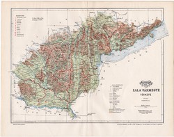 Zala vármegye térkép 1893, XIX. századi, eredeti, megye, Nagy - Magyarország, régi, Gönczy Pál