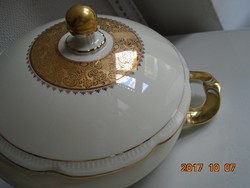 Aranybrokát impozáns levesestál-rózsa mintával-arany gömb fogóval-20x31,5 cm