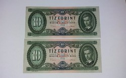 10 Forint ,2 db sorszámkövető 1969-es hajtatlan  UNC bankjegy !