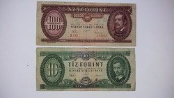 100 Forint,10 forint ,2 db 1957-es ,használt bankjegy  !
