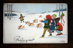 Karácsonyi képeslap gyerekek, kismalacok   P. Ebner 192?
