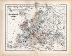 Európa politikai térkép 1870, eredeti, német nyelvű, atlas, Kozenn, XIX. század, antik, politika