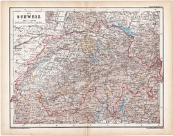 Svájc térkép 1870, eredeti, német nyelvű, atlas, Kozenn, régi, antik, XIX. század