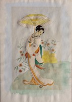 Japán nő ernyővel - keleti akvarell