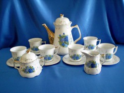Gyönyörű ajándék! 6 személyes Angol porcelán teás készlet, kék rózsa és aranyozott mintával