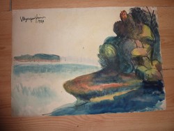 Nyergesi János: Kétoldalas akvarell, tájkép és portré, jelzett 1957