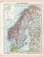 Svédország és Norvégia (Norvégország) térkép 1898, Skandinávia, eredeti, régi, észak, Európa, antik