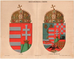 Magyarország címere, színes nyomat 1896, címer, magyar, korona, kettős kereszt, közép, eredeti 