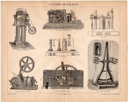 Telegráf készülékek, egy színű nyomat 1898, eredeti, régi, készülék, távíró, Morse, írógép