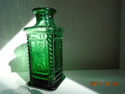 Antik dombor spirál mintával zöld vastagfalú szögletes "rücskös"kis üveg relief virággal-11 cm
