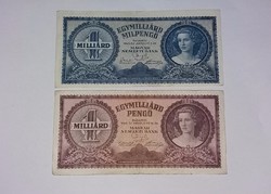 1 Milliárd Pengő Milpengő  1946-os   , 2 db , szép bankjegyek !