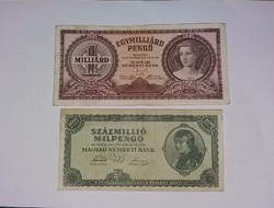 1 Milliárd Pengő,százmillió  Milpengő  1946-os   , 2 db , szép bankjegyek !