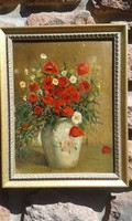 Pipacs csokor, porcelán vázában, virág csendélet, olaj festmény