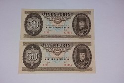 50 Forint ,2 db sorszámkövető 1983-as hajtatlan  A-UNC bankjegy !