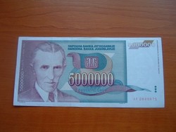 JUGOSZLÁVIA 5 MILLIÓ 5000000 DINÁR 1993 AF, NIKOLA TESLA,TRANSZFORMÁTOR