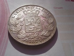 1871 Belga ezüst 5 frank gyönyörű darab 25 gramm 0,900
