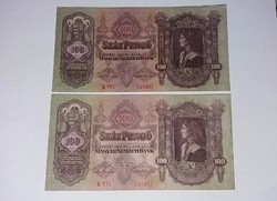100 Pengő 1930-as,2 db sorszámkövető Hajtatlan hibátlan UNC bankjegyek!
