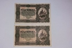20 korona 2 db,1920 -as,kétfajta sorszám!  Nagyon szép ropogós  bankjegyek !
