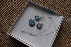 Israeli silver necklace, pendant and earrings (with blue glitter stone)