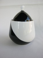 Hollóházi porcelán art deco fekete-fehér bonbonier cukortartó