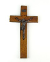 0O889 Régi fa kereszt feszület bronz Jézussal 30cm