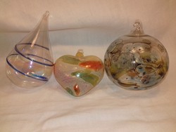 Színes üveg gömb, szív, csepp alakú 3 darab dekoráció vagy karácsonyfadísz