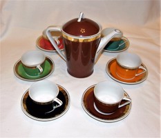 Retro színes kávéskészlet I. oszt. Hollóházi porcelán